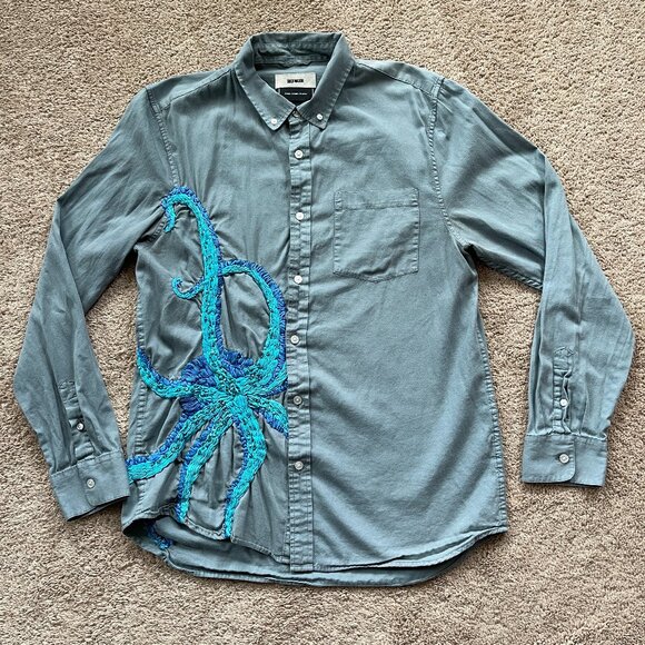 Buck Mason Shirt Mens L Gray Blue Embroidered Octopus Beaded Art Chris Hynds - Picture 2 of 13